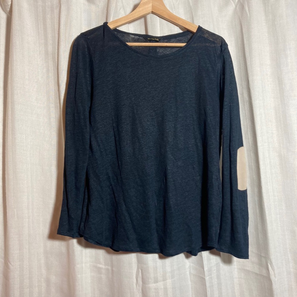 Massimo Dutti Womens Black 100% Linen Button Back‎ Top with Elbow Patches Preppy